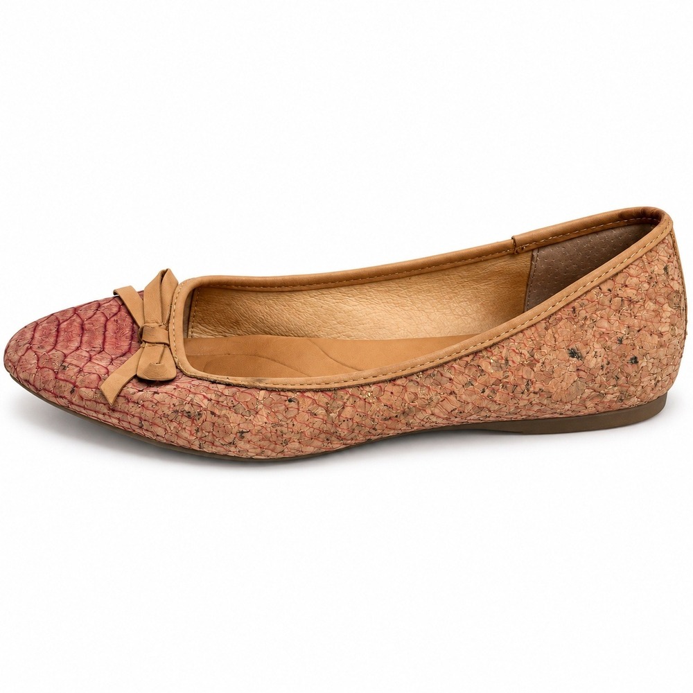 Born 9 Carri Ballet Flat Cork Red Snake Embossed Bow Snub Nose Toe Comfort Flat